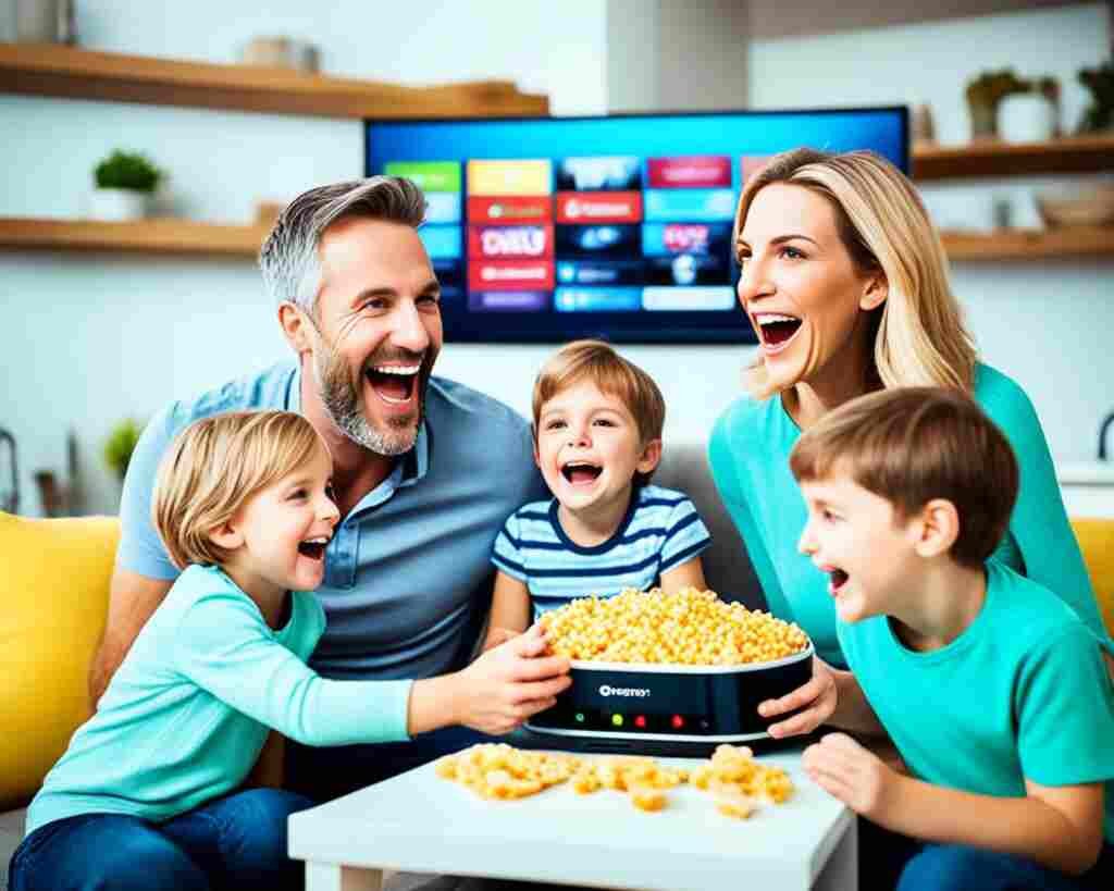 A family sitting together enjoying their favorite TV show on a big screen with a TV box, while the kids munch on snacks.