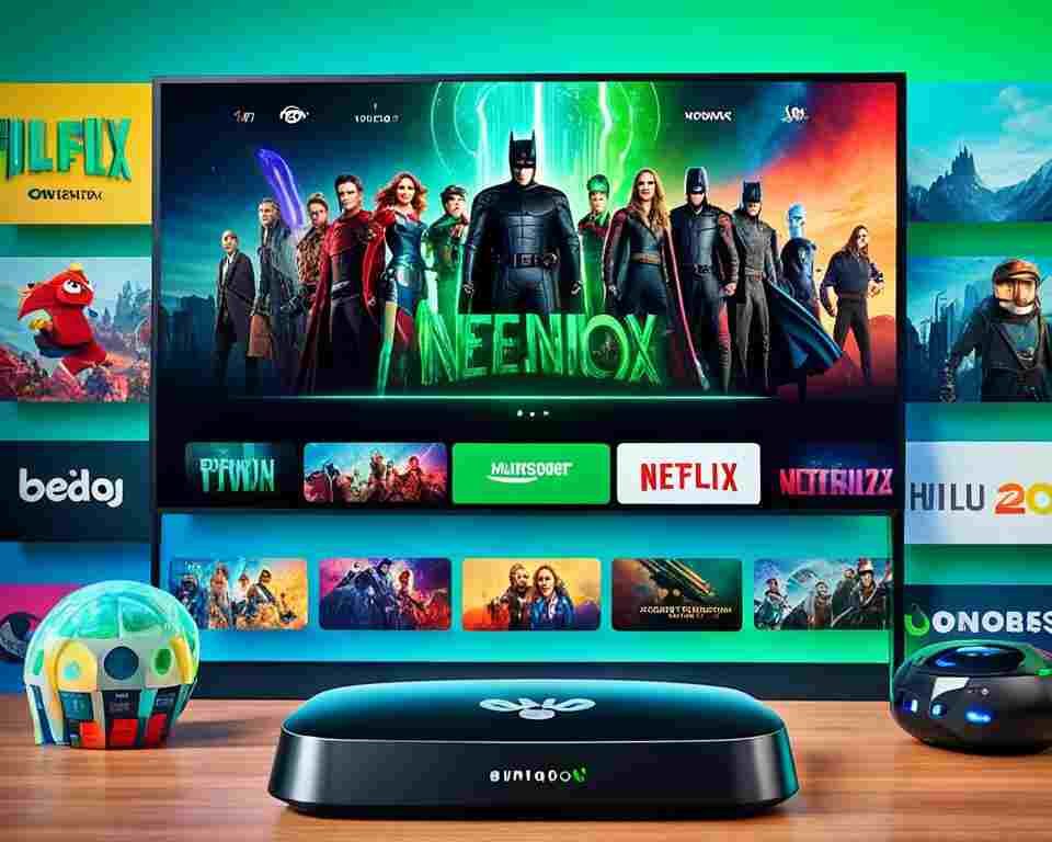 An Android Box with a glowing green power button, surrounded by colorful streaming icons like Netflix, Hulu, Amazon Prime Video, and Disney+. 