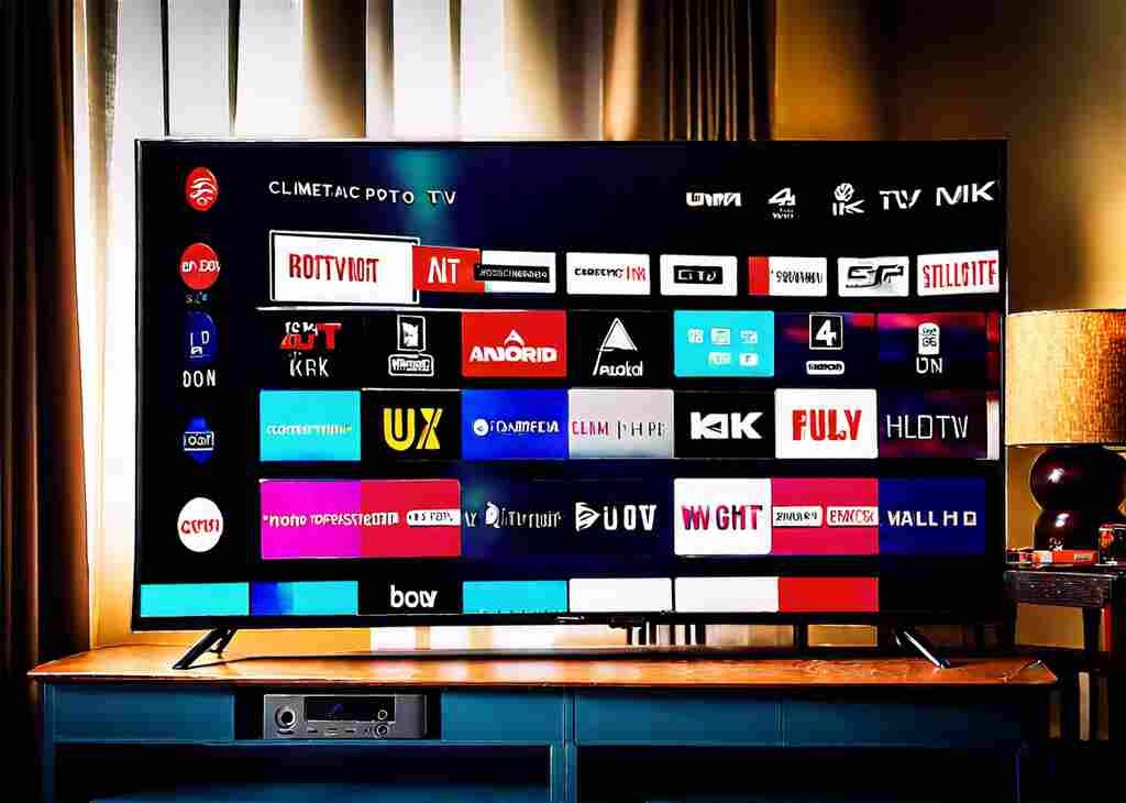A flat-screen television displaying various apps via an Android TV box connection.