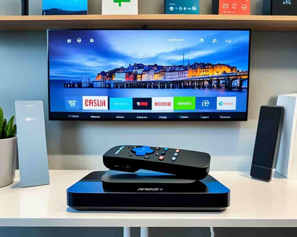 An Android TV box with no internet sitting on a shelf with no wires or cables connected to it, surrounded by other electronic devices.