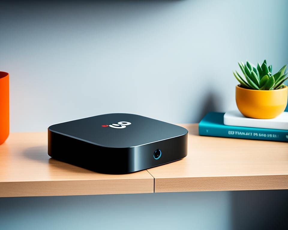 A black and sleek Android TV box sitting on a shelf, unplugged from any cords or cables.