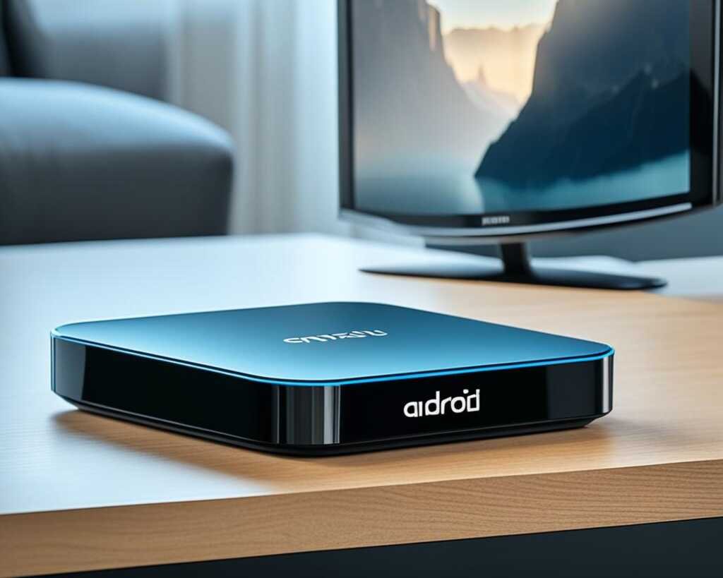 An android tv box on a countertop.