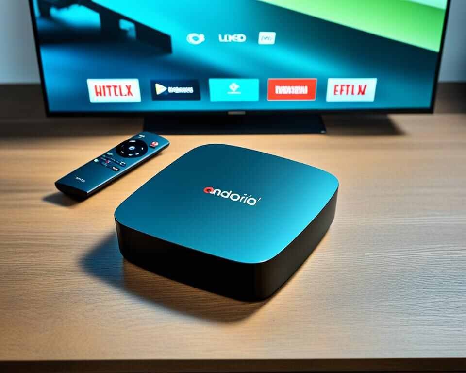 Android TV box placed next to a television screen