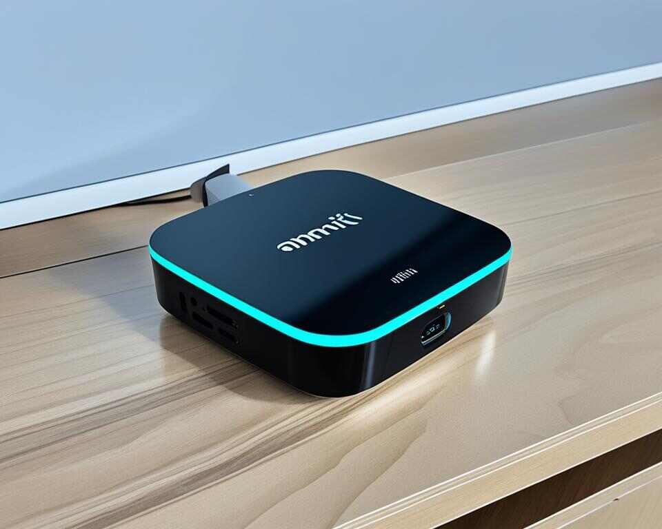 An Android TV box in blue and black colors connected to a television.