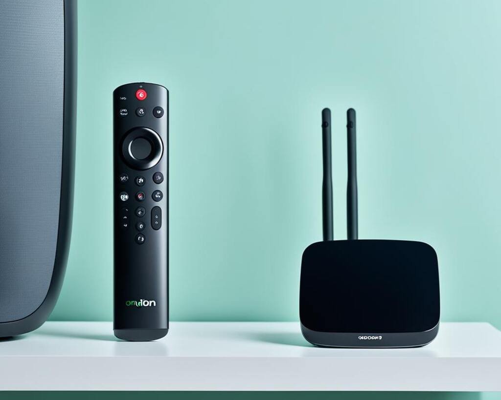 An android tv box next to a tv.