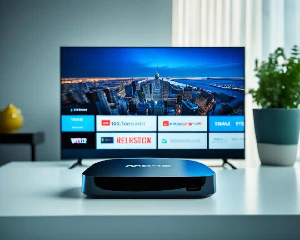 An android tv box installed in front of a tv.