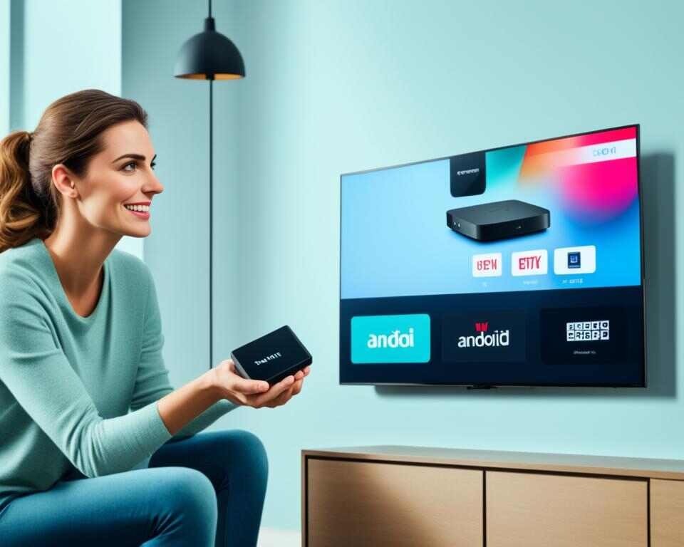 A woman watching TV with her new android tv box.